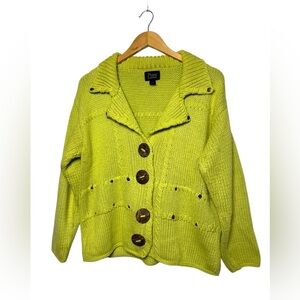 Pure Handknit Cotton Cardigan Sweater Green L/XL Heavyweight Knit Cottagecore